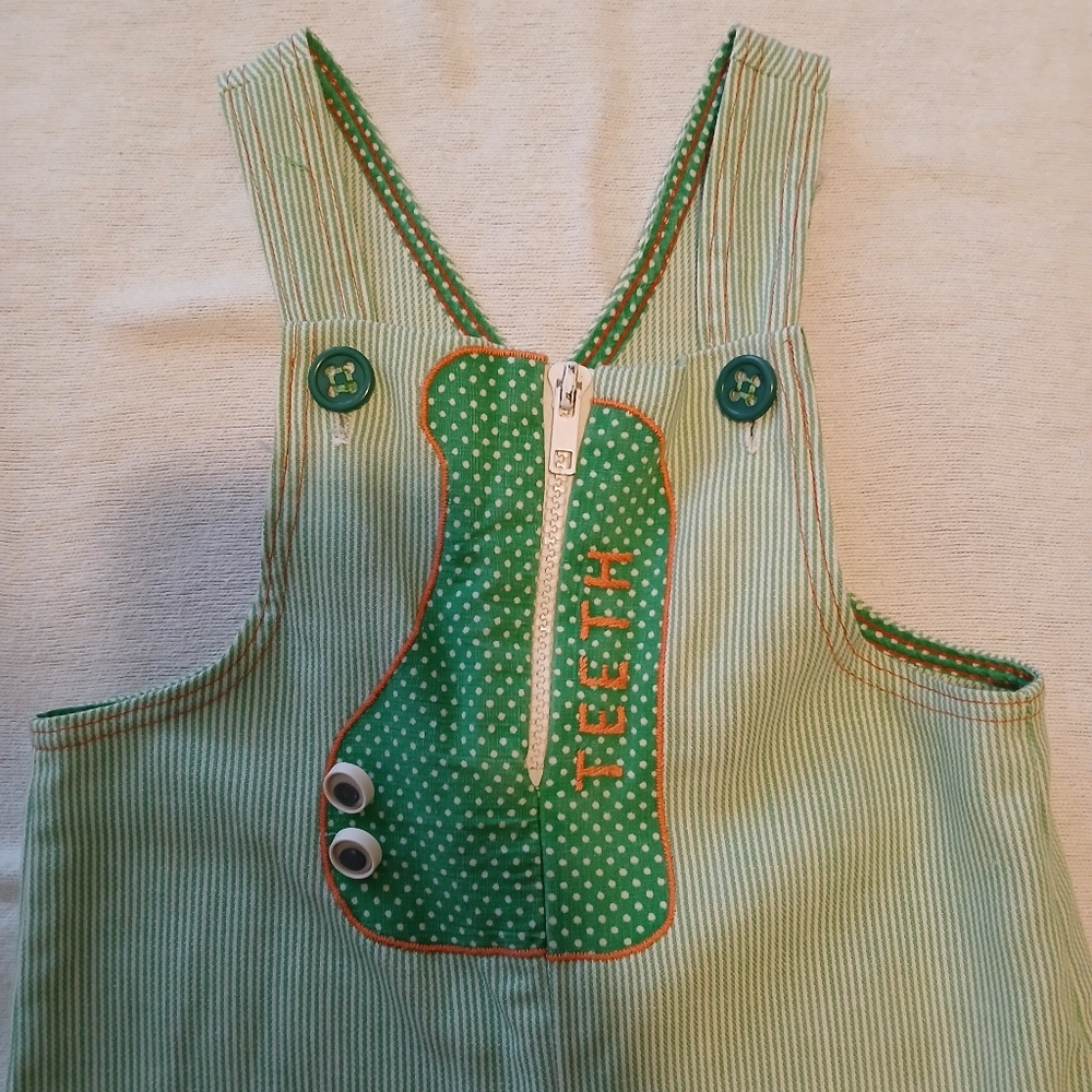 Vintage Green Kids Overalls Size 4T Alligator Zipper Teeth Pinstriped Button - Picture 2 of 8